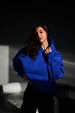 Женское Базовое Синее Худи Оверсайз с Утеплением на Флисе