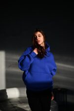 Женское Базовое Синее Худи Оверсайз с Утеплением на Флисе