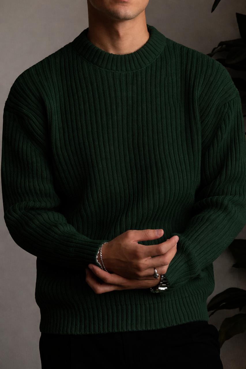 photo_2026-01-24_09-11-23 Мужской Теплый Зеленый Свитер Оверсайз с Круглым Вырезом Горловины