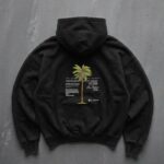 Мужское Черное Худи Оверсайз - Трехниткаc Принтом Пальма на Спине