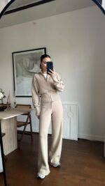 Женский Базовый Бежевый Костюм из Хлопка - Кофта на Молнии + Свободные Штаны