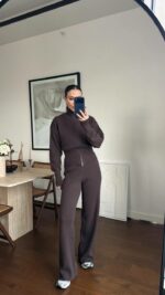 Женский Базовый Коричневый Костюм из Хлопка – Кофта на Молнии + Свободные Штаны