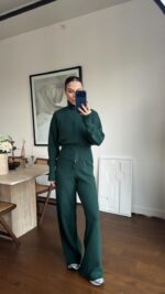 Женский Базовый Зеленый Костюм из Хлопка - Кофта на Молнии + Свободные Штаны