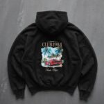 Мужское Черное Худи Оверсайз - Трехнитка c Принтом Машина на Спине