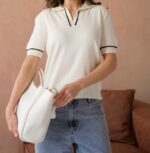 Женская Классическая Молочная Футболка Поло с Окантовкой