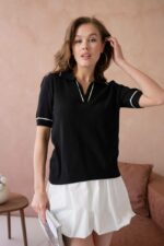 Женская Классическая Черная Футболка Поло с Окантовкой