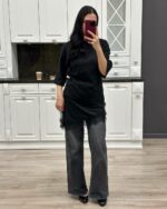 Женская Удлиненная Черная Футболка с Кружевной Обробкой по Низу