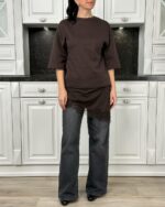 Женская Удлиненная Коричневая Футболка с Кружевной Обробкой по Низу