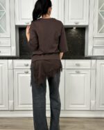 Женская Удлиненная Коричневая Футболка с Кружевной Обробкой по Низу