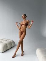 Женский Коричневый Комплект Нижнего Белья с Кружевом - Бюстгальтер + Трусики Танга