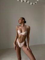 Женский Пудровый Комплект Нижнего Белья - Кружево + Шелк