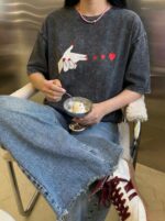 Женская Объемная Графитовая Вареная Футболка Оверсайз с Принтом Сердечки