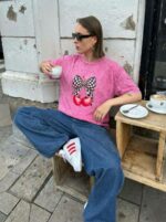 Женская Объемная Розовая Вареная Футболка Оверсайз с Принтом Вишенки