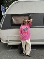 Женская Объемная Розовая Вареная Футболка Оверсайз с Принтом Вишенки