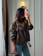 Женская Коричневая Кожаная Куртка Свободного Кроя
