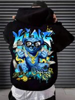 Мужское Черное Худи Свободного Кроя - Трехнитка c Принтом Мишка и Граффити