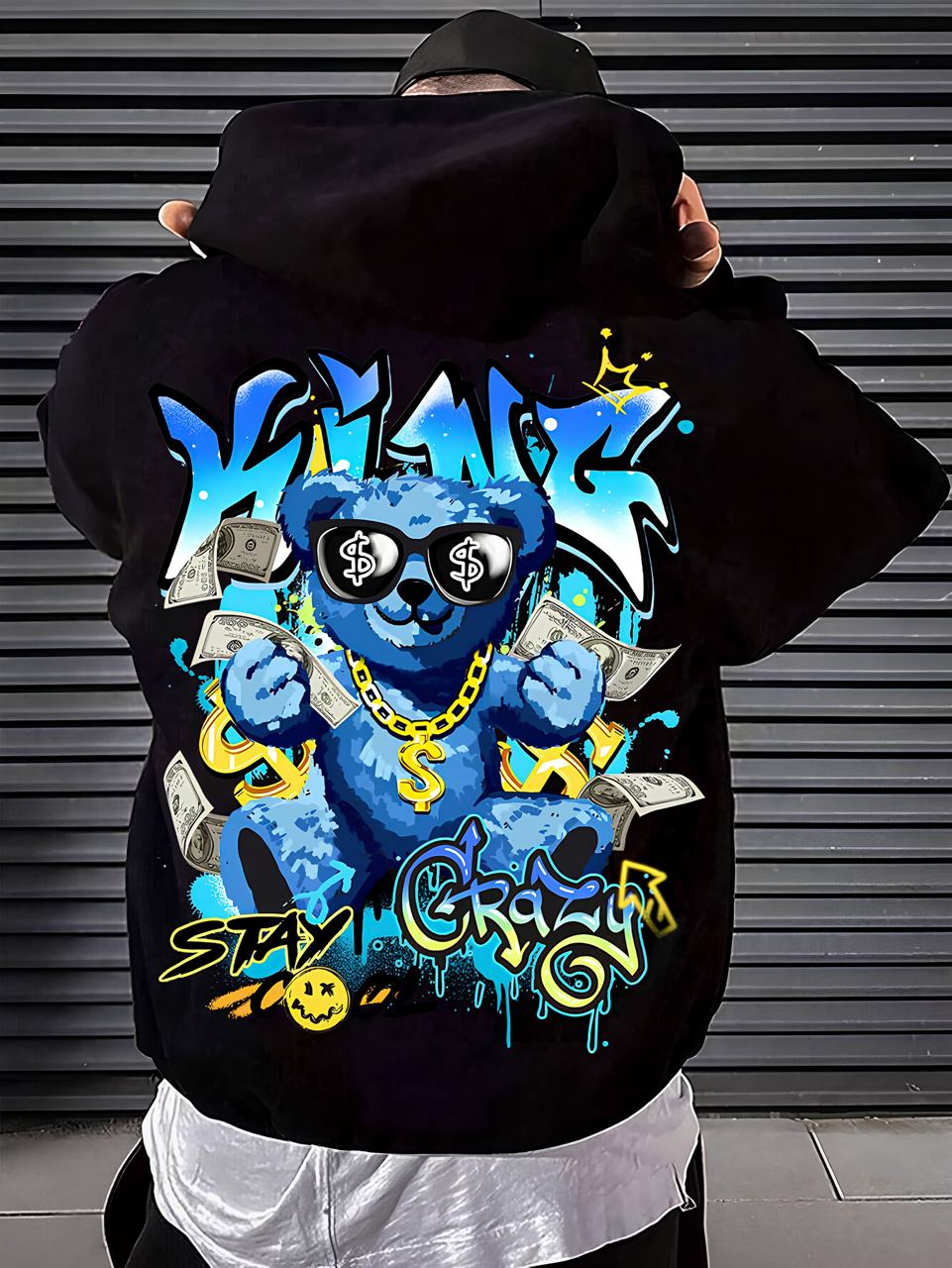 photo_2026-01-27_13-30-18 Мужское Черное Худи Свободного Кроя - Трехнитка c Принтом Мишка и Граффити