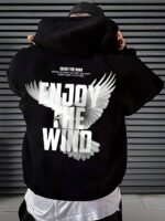 Мужское Черное Худи Свободного Кроя - Трехнитка c Принтом "Enjoy the Wind"