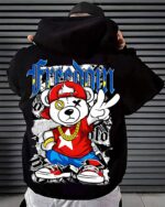 Мужское Черное Худи Свободного Кроя - Трехнитка c Принтом Крутой Мишка