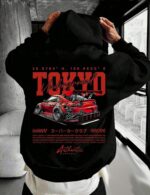 Мужское Черное Худи Свободного Кроя - Трехнитка c Принтом "Tokyo"