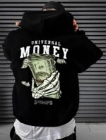 Мужское Черное Худи Свободного Кроя - Трехнитка c Принтом "Money"