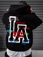 Мужское Черное Худи Свободного Кроя - Трехнитка c Принтом Граффити "23"