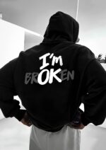 Мужское Черное Худи Свободного Кроя - Трехнитка c Надписью "I'm ok"