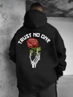 Мужское Черное Худи Свободного Кроя - Трехнитка c Принтом Роза