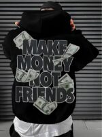Мужское Черное Худи Свободного Кроя - Трехнитка c Принтом “Make Money Not Friends”