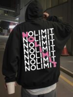 Мужское Черное Худи Свободного Кроя - Трехнитка c Принтом “Nolimit”