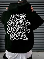 Мужское Черное Худи Свободного Кроя - Трехнитка c Надписью “Anti Social”