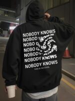 Мужское Черное Худи Свободного Кроя - Трехнитка c Принтом “Nobody knows”