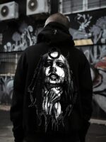 Мужское Черное Худи Свободного Кроя - Трехнитка c Принтом Девушка