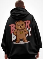 Мужское Черное Худи Свободного Кроя - Трехнитка c Принтом "Bear"