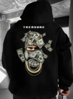 Мужское Черное Худи Свободного Кроя - Трехнитка c Принтом Доллары