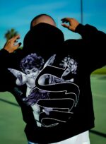 Мужское Черное Худи Свободного Кроя - Трехнитка c Принтом Ангелок