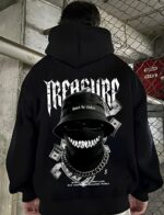 Мужское Черное Худи Свободного Кроя - Трехнитка c Принтом “Treasure”