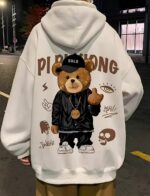 Мужское Белое Худи Свободного Кроя - Трехнитка c Принтом Крутой Медведь