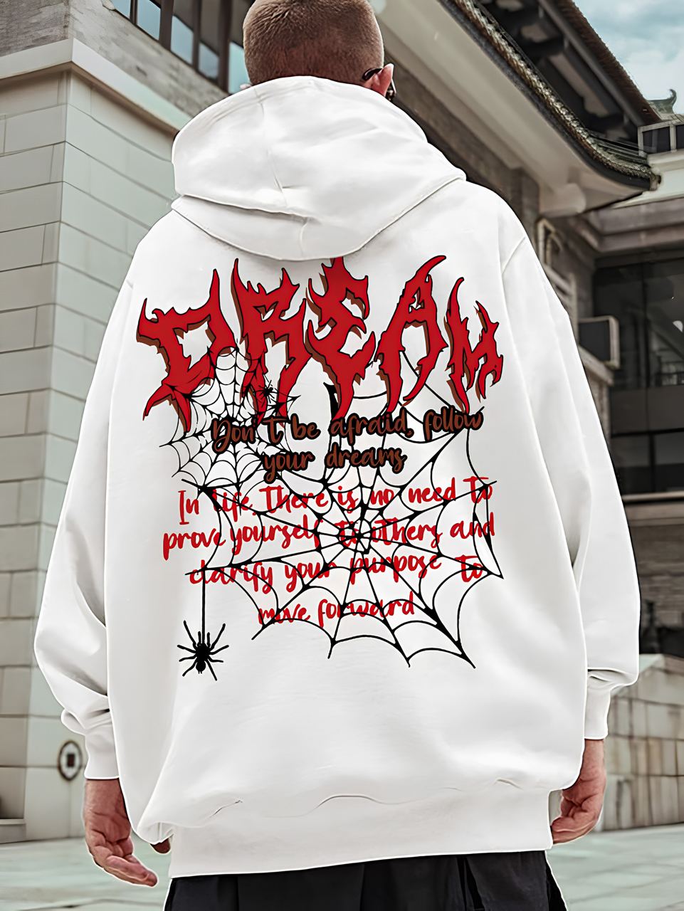 photo_2026-01-31_09-38-50 Мужское Белое Худи Свободного Кроя - Трехнитка c Принтом Паутина