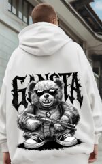 Мужское Белое Худи Свободного Кроя - Трехнитка c Принтом Медведь Гангстер