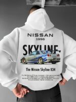 Мужское Белое Худи Свободного Кроя - Трехнитка c Принтом Тачка