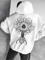 Мужское Белое Худи Свободного Кроя - Трехнитка c Принтом Дерево