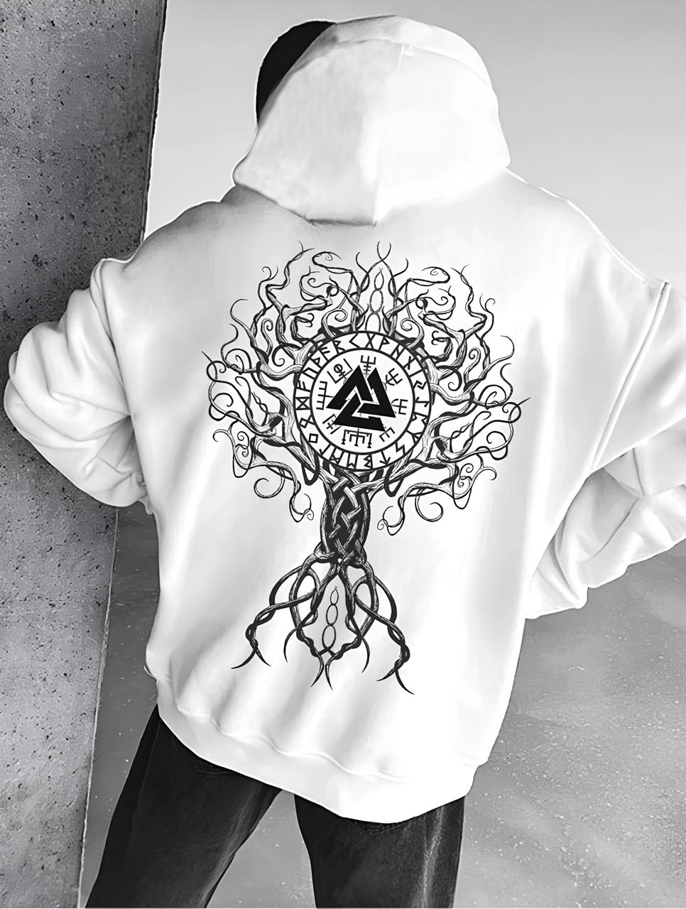 photo_2026-01-31_09-39-22 Мужское Белое Худи Свободного Кроя - Трехнитка c Принтом Дерево