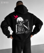 Мужское Черное Худи Свободного Кроя Трехнитка на Флисе с Принтом Скелет