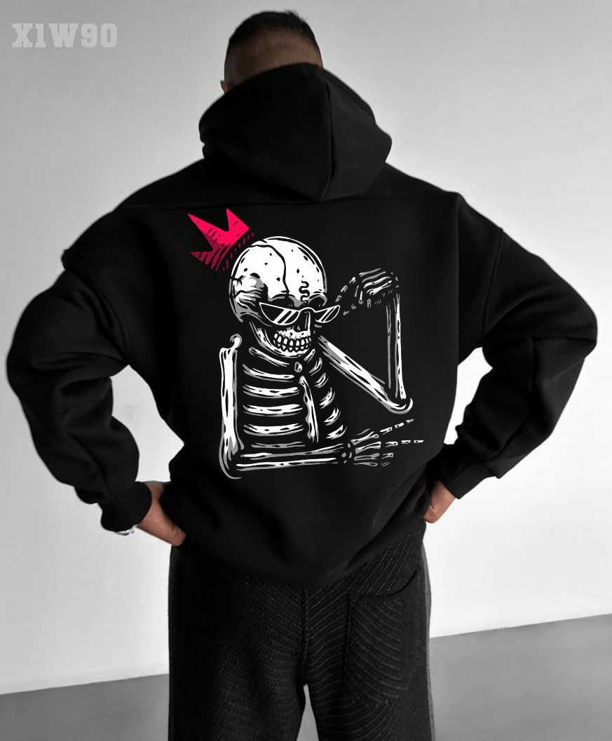 65ace71d107d1 Мужское Черное Худи Свободного Кроя Трехнитка на Флисе с Принтом Скелет