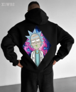 Мужское Черное Худи Свободного Кроя Трехнитка на Флисе с Принтом Рик и Морти