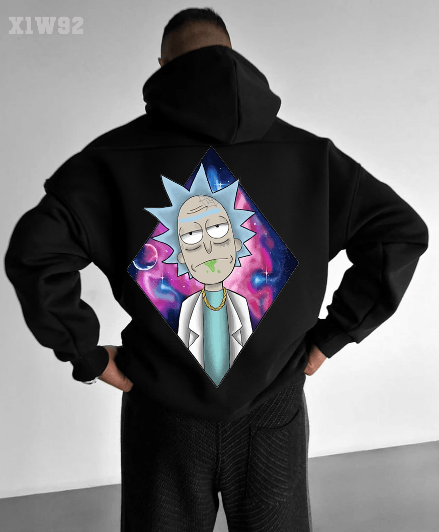 65ace7987e705 Мужское Черное Худи Свободного Кроя Трехнитка на Флисе с Принтом Рик и Морти