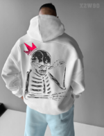 Мужское Белое Худи Свободного Кроя Трехнитка на Флисе с Принтом Скелет