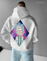 Мужское Белое Худи Свободного Кроя Трехнитка на Флисе с Принтом Рик и Морти