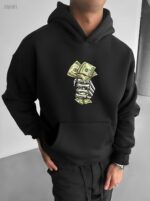 Мужское Черное Худи Свободного Кроя с Принтом Деньги - Трехнитка на Флисе